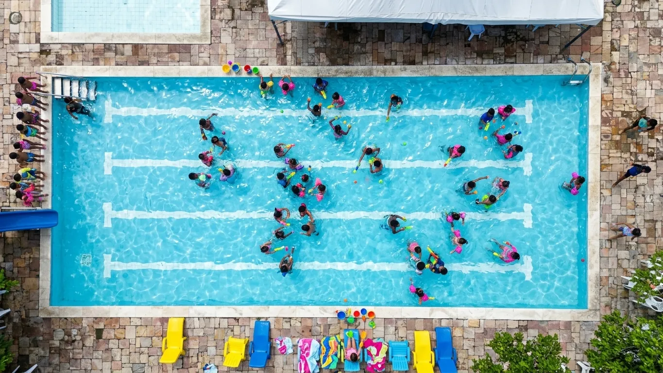 Vista aérea de una pileta con muchos chicos jugando en el agua y reposeras de colores en el borde